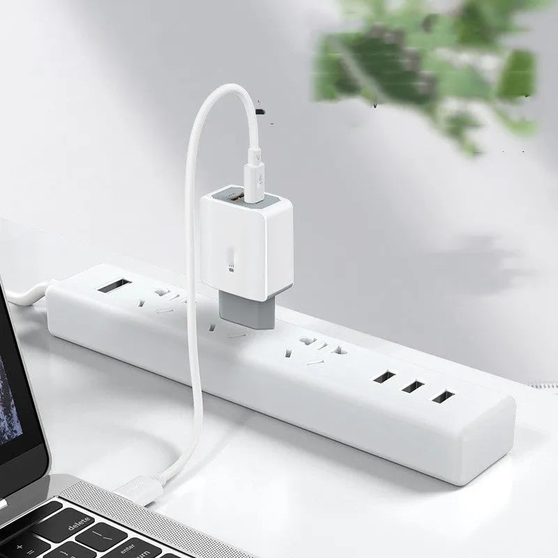 White European fast charge charger set with compact 42mm adapter and USB cable