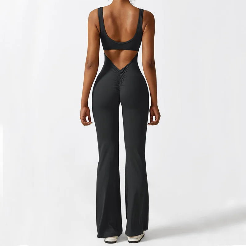 Women's sleeveless flare jumpsuit for yoga in polyester with high elasticity and fashionable waist