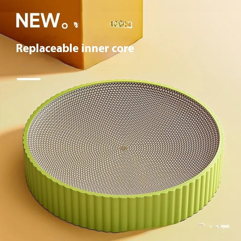 Round green cat scratching board with replaceable corrugated cardboard insert, 55cm diameter