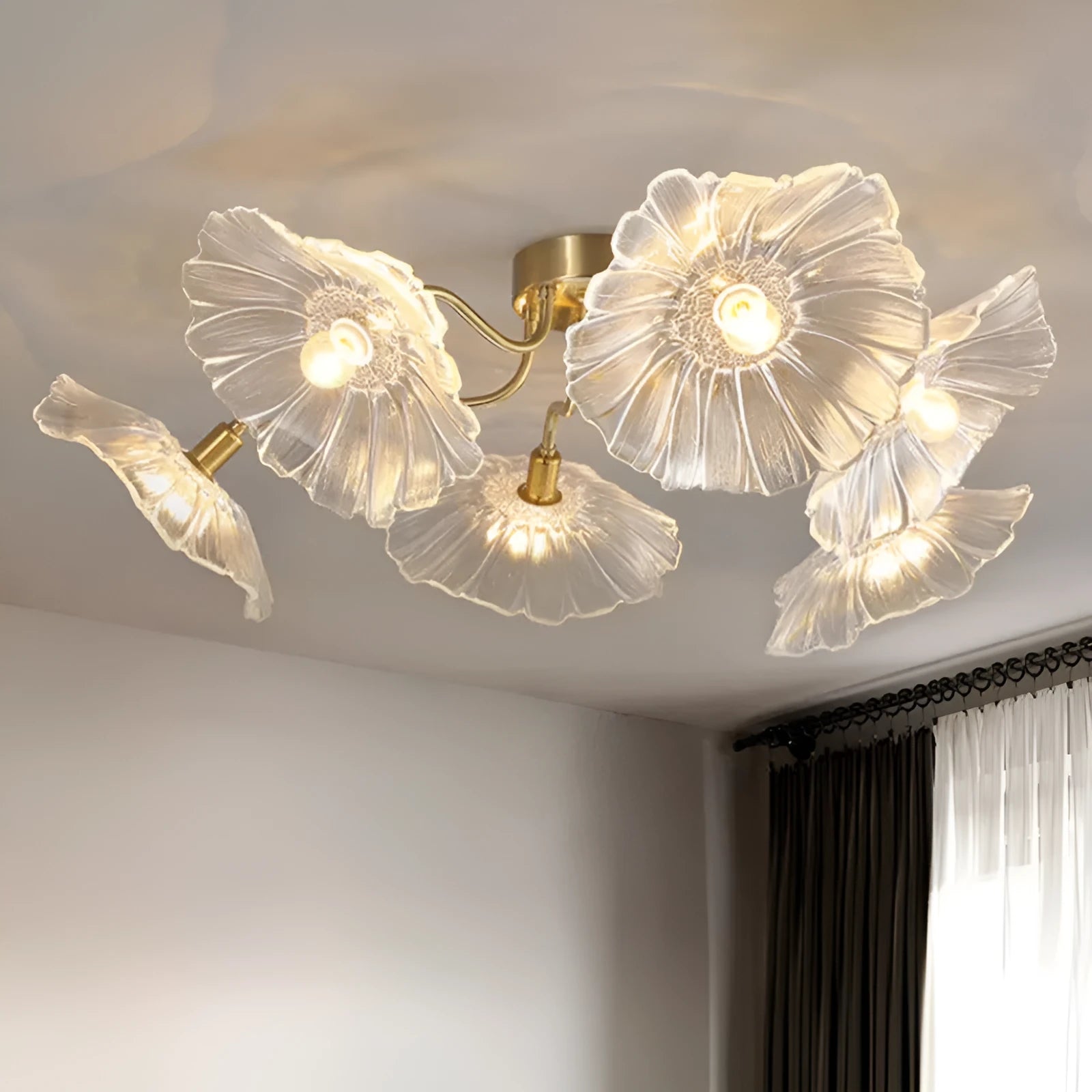 Creative flower design ceiling lamp with multiple flower heads in white or purple colour options