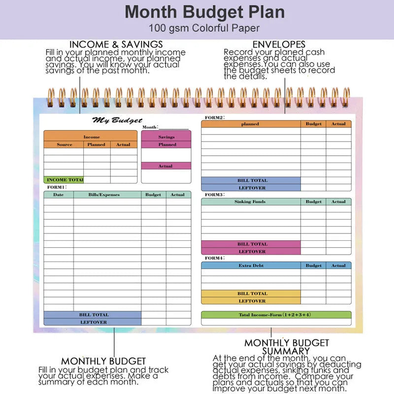B5 budget tracking notebook with spiral binding and PP cover for income expenditure recording