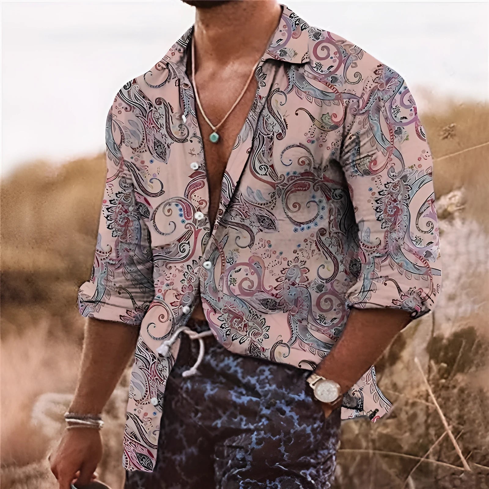 Men's loose fit polyester shirt with 3D flower pattern printing in long sleeve design