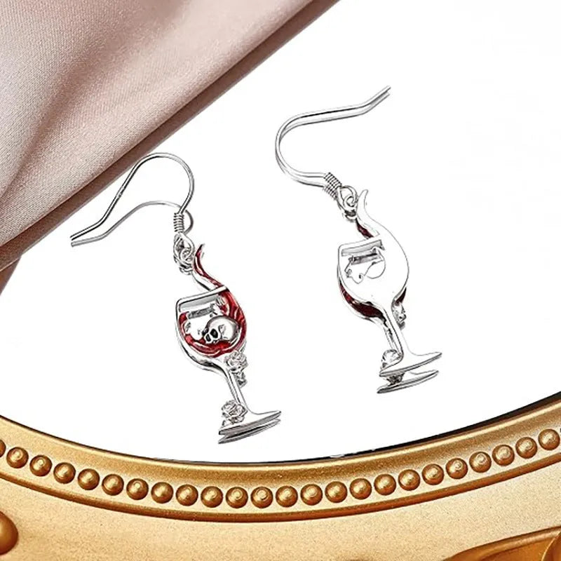 Halloween-themed geometric earrings with skull and wine glass design in electroplated zinc alloy