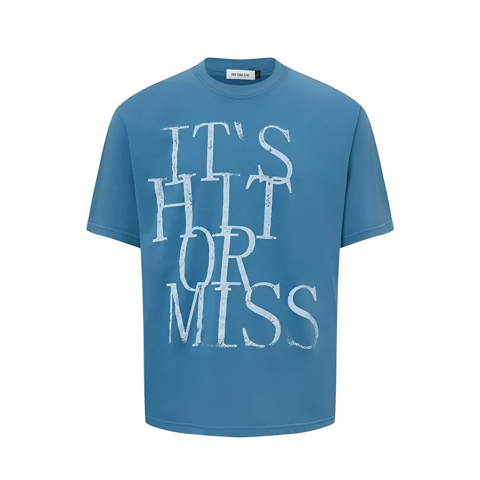 Men's blue American retro letter print cotton blend T-shirt with round neck and loose fit