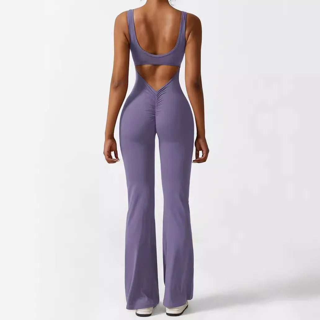 Women's sleeveless flare jumpsuit for yoga in polyester with high elasticity and fashionable waist