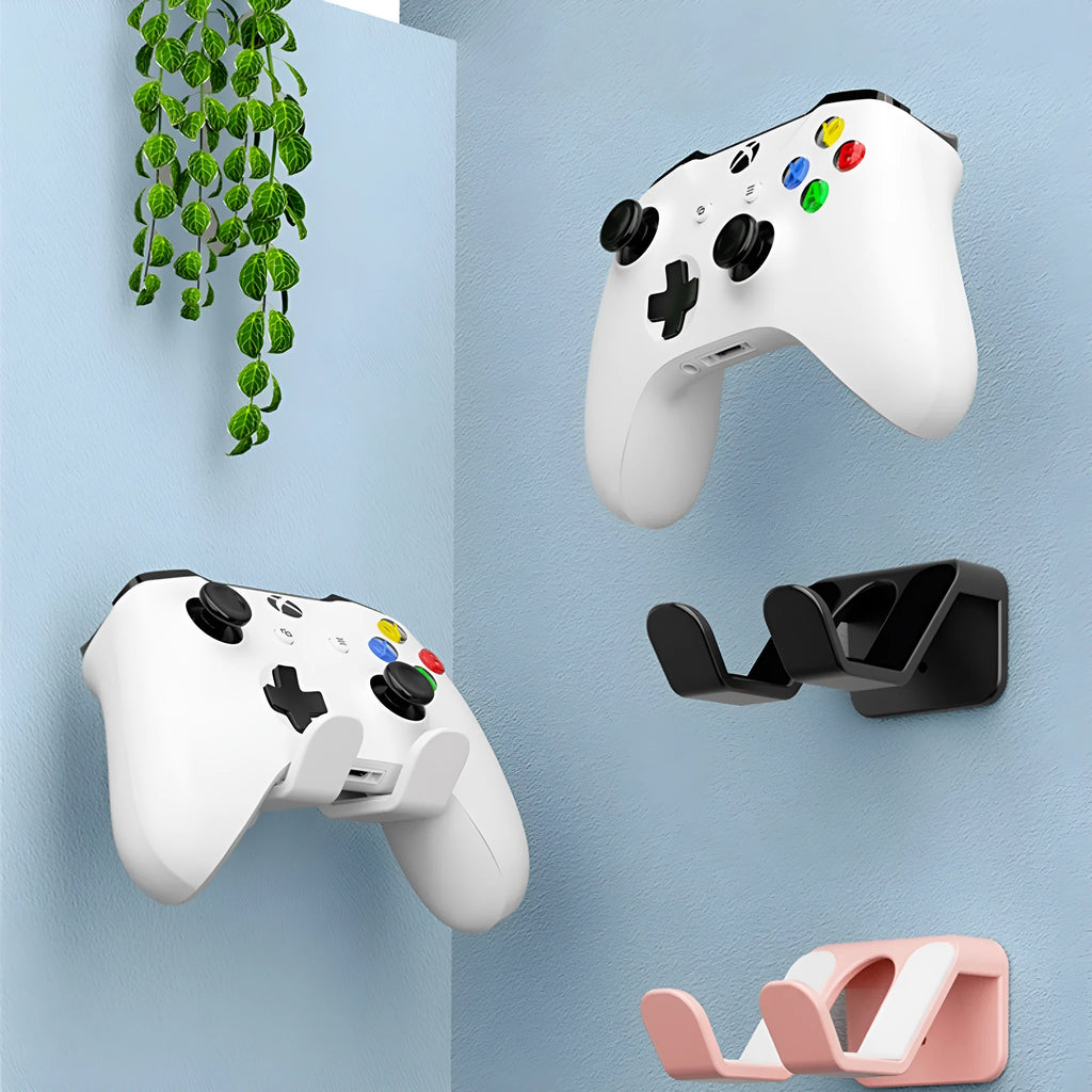 Black universal wall-mounted hanging rack for game controllers with adhesive pad and screws.