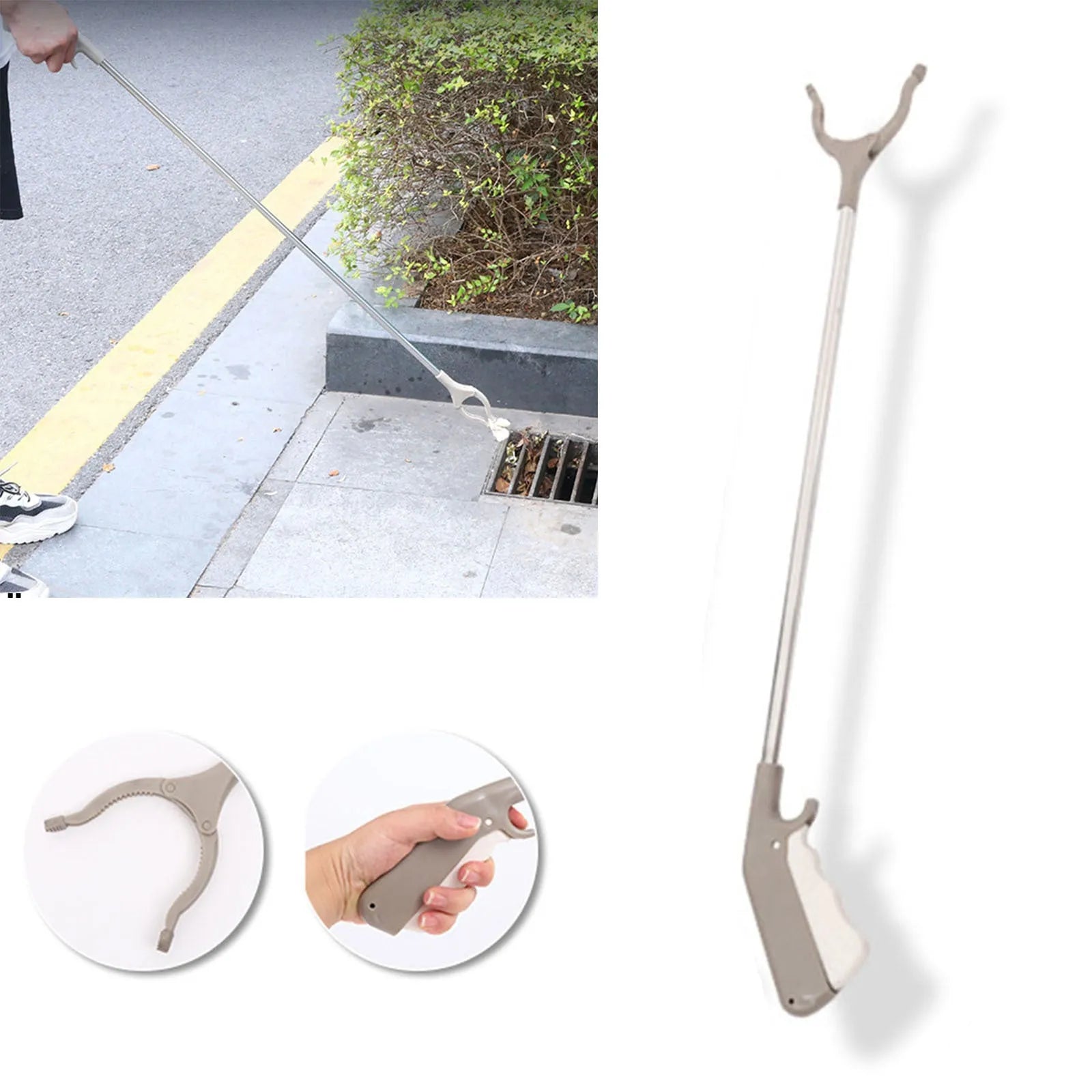 Stainless steel grabber tool with non-slip chuck and push-type handle for bending-free pickup