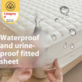 Class A waterproof washed cotton fitted sheet in blue, shown fitted on a mattress corner.