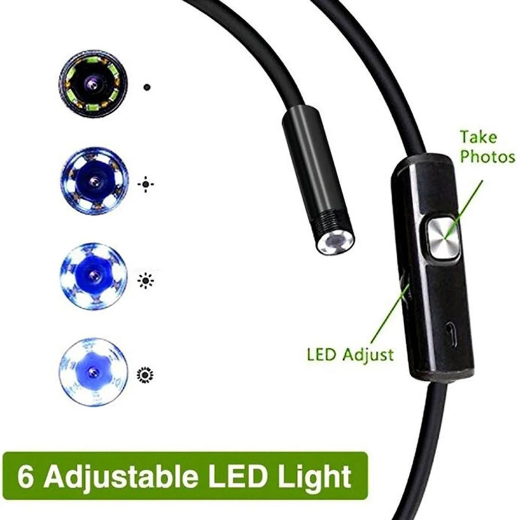 Android phone connected to a USB-C endoscope with flexible cable, hook, magnet, and side mirror accessories.