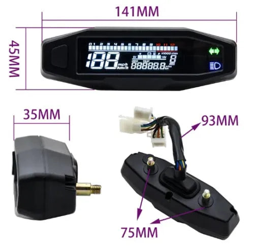 Black motorcycle mini speedometer LCD gauge showing speed, RPM, and oil level on backlit display.