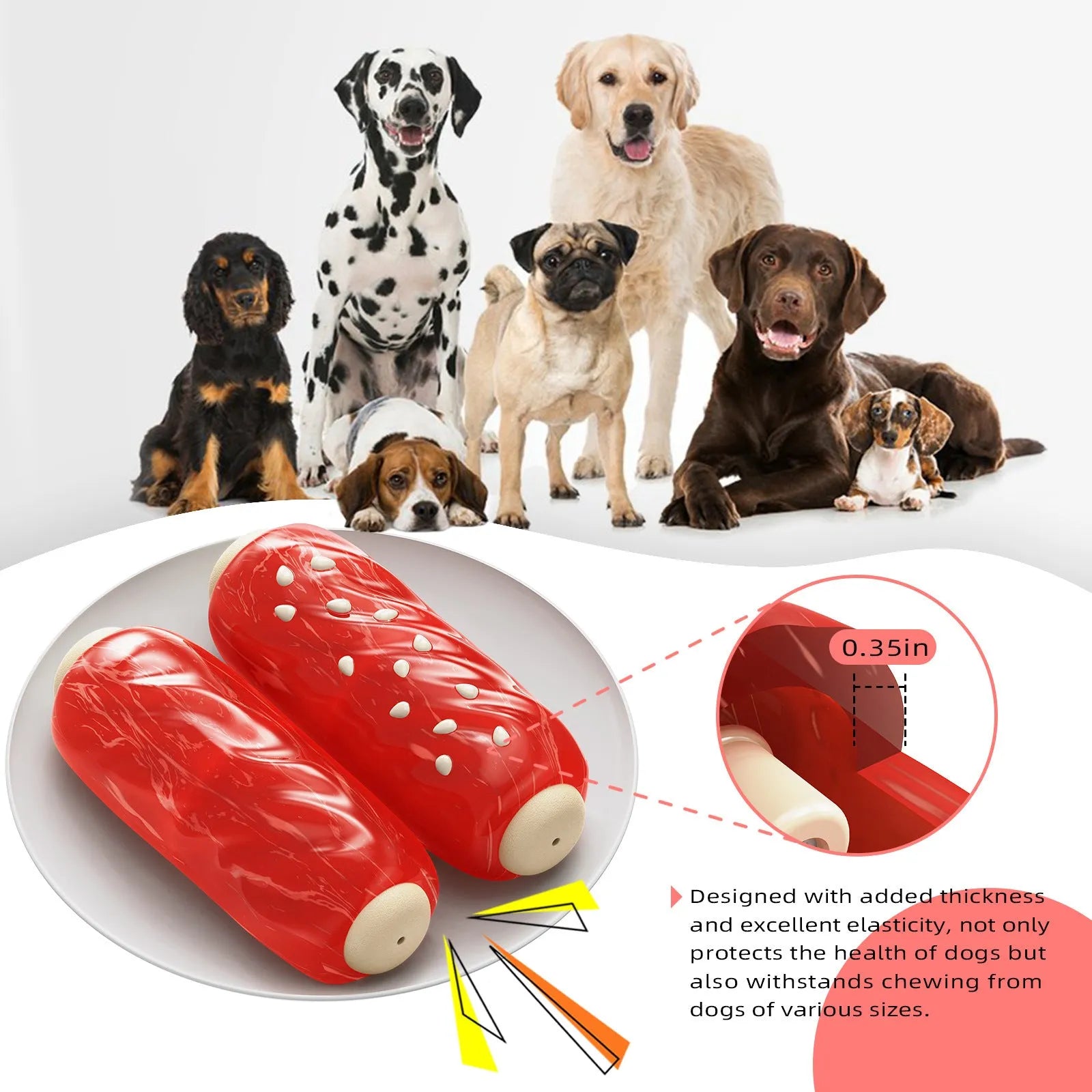 Plastic molar rod dog chew toy with textured surface in primary colour