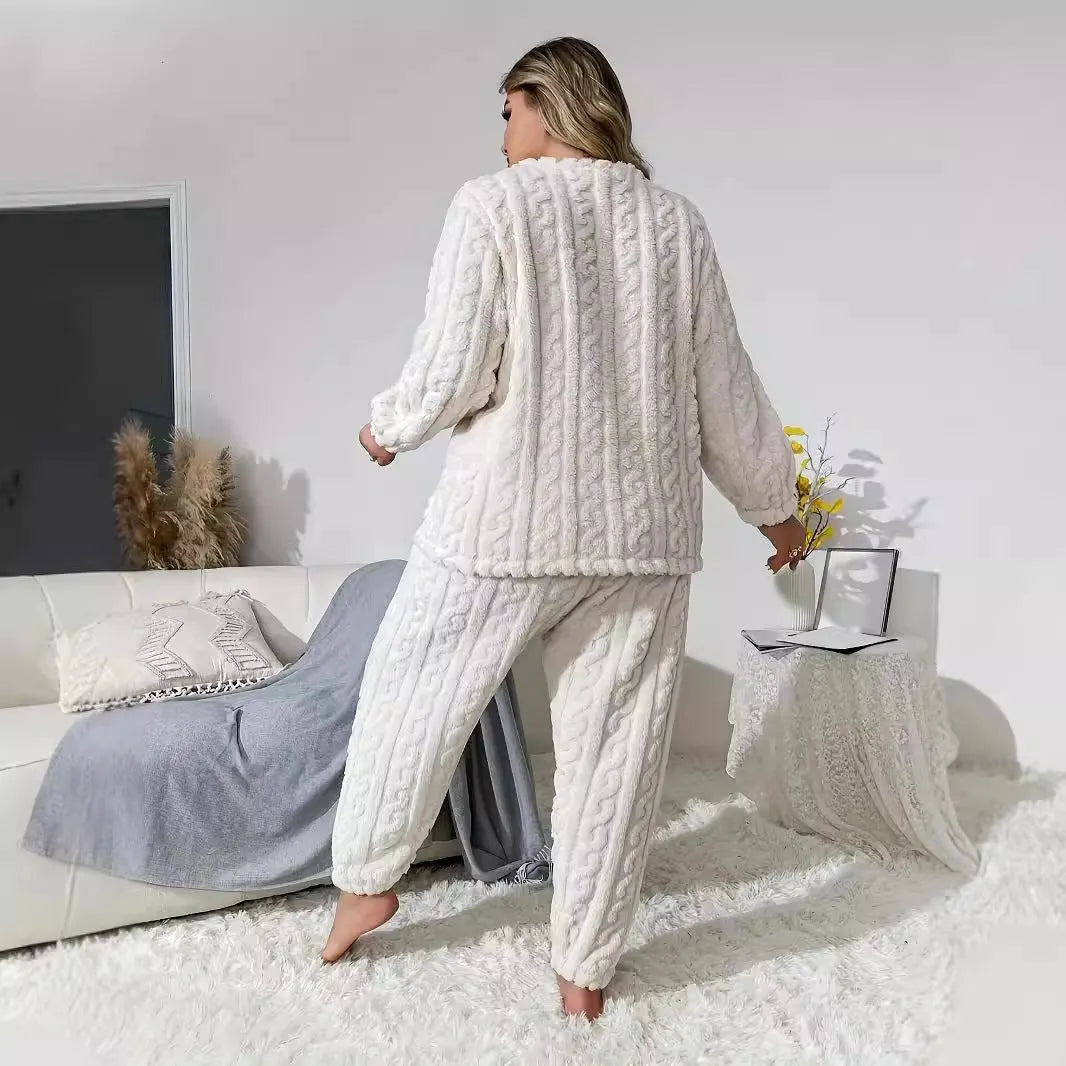 Women's milky white plush two-piece pants set with crew neck top and trousers in Japanese Korean casual style