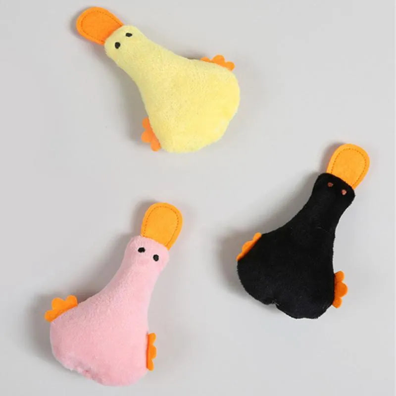 Duck-shaped plush pet toy with squeaker and catnip filling in assorted colours for cats and dogs