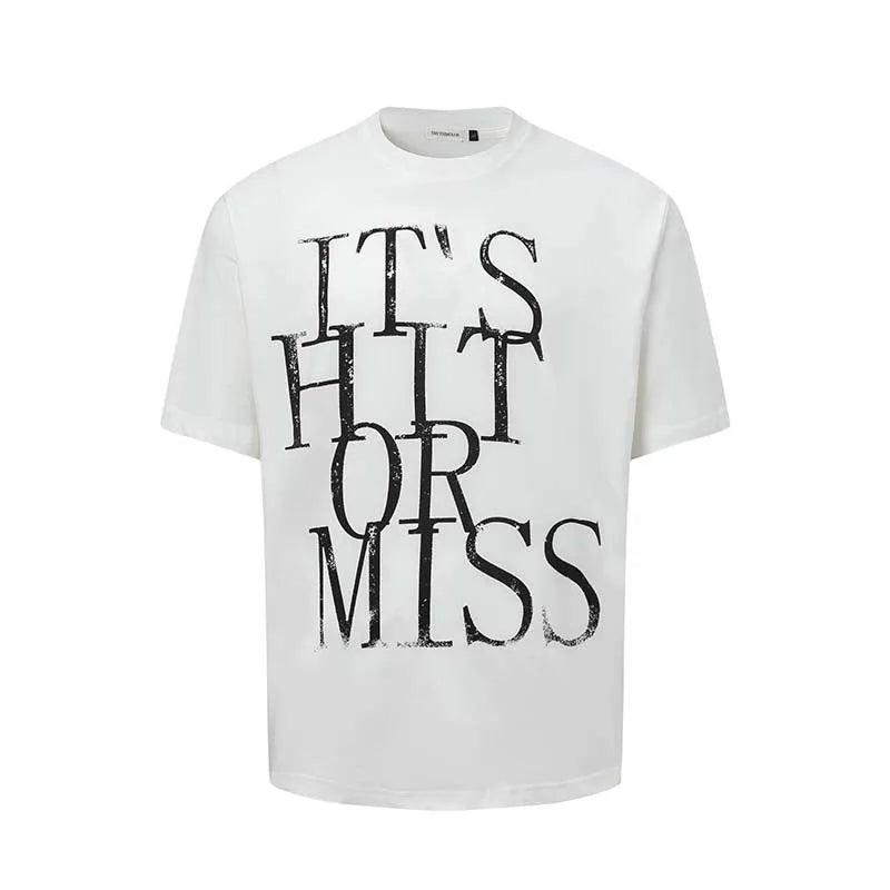 Men's blue American retro letter print cotton blend T-shirt with round neck and loose fit