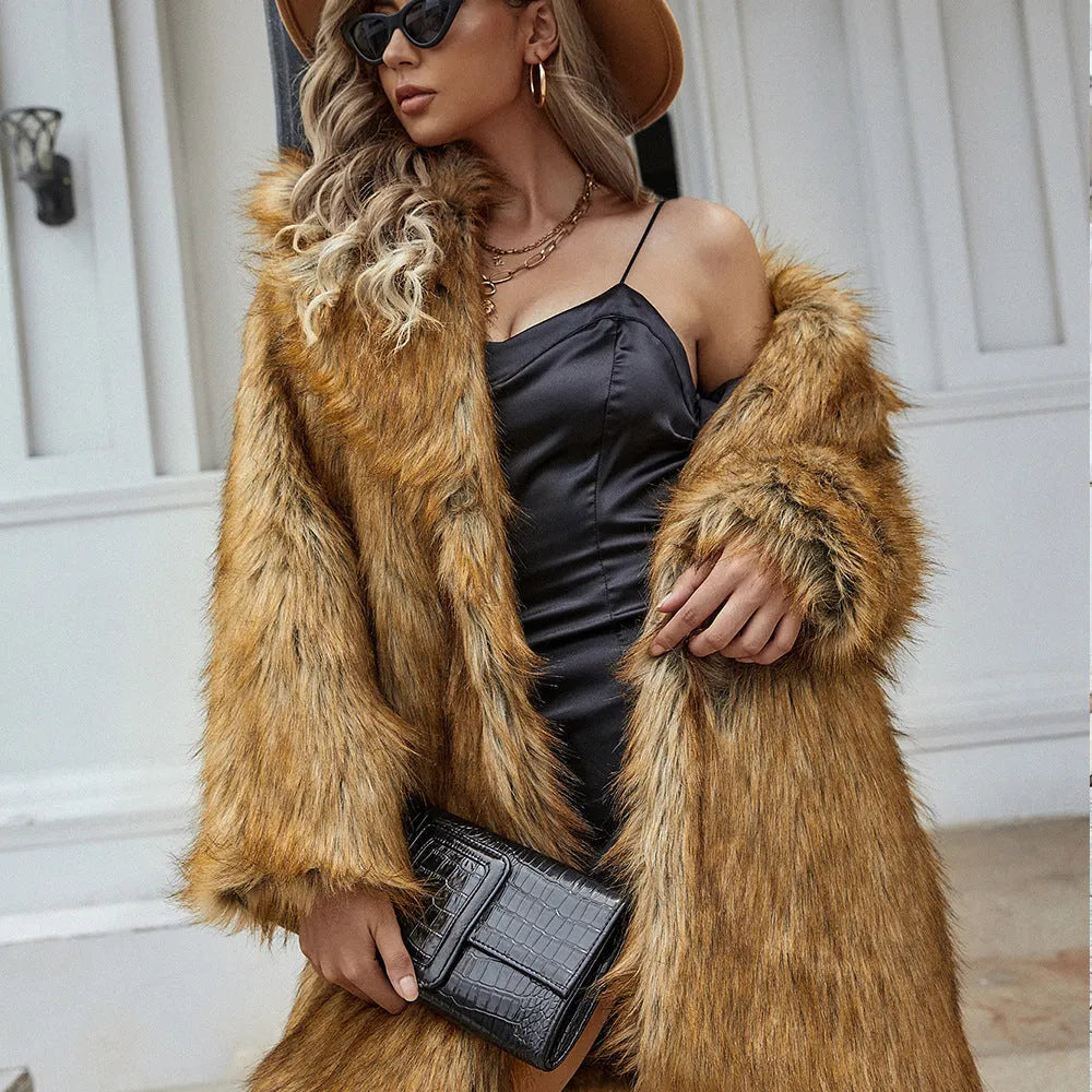 Yellow women's faux fur coat with regular sleeves and loose fit, showing 80cm length