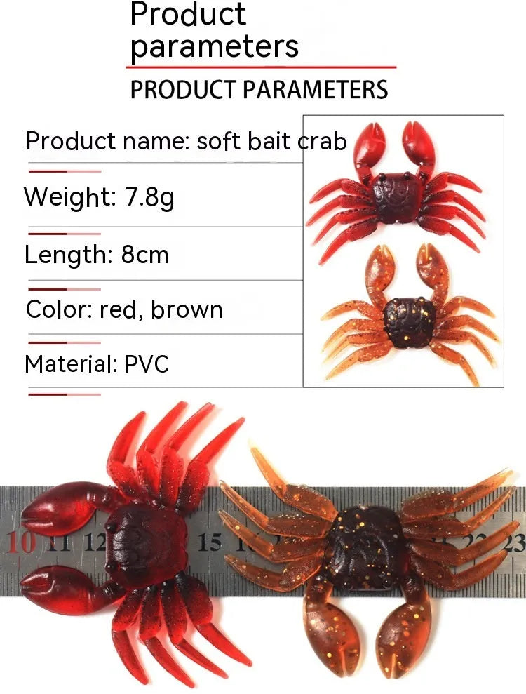 PVC crab fishing lure measuring 8cm in brown and red colour variants