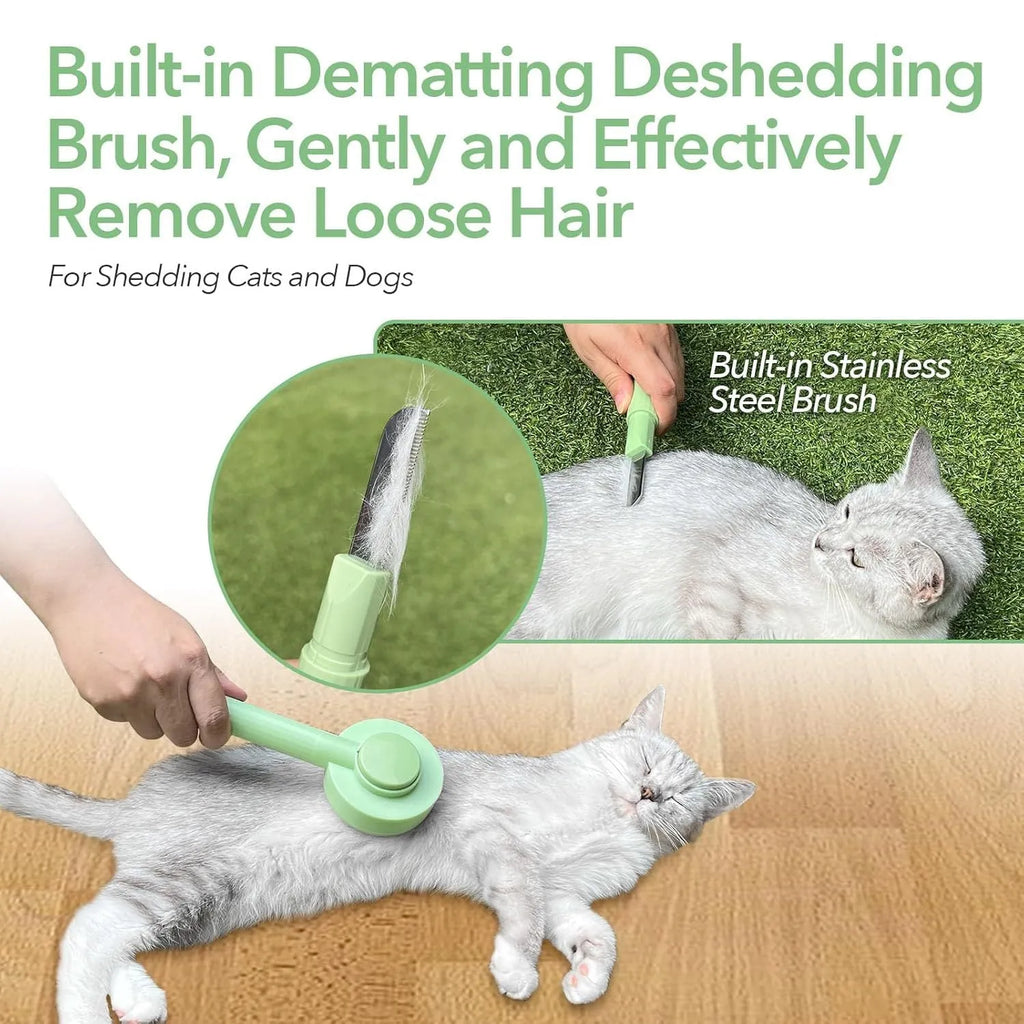 Green 2-in-1 pet grooming brush with stainless steel teeth and hanging loop for cats and dogs