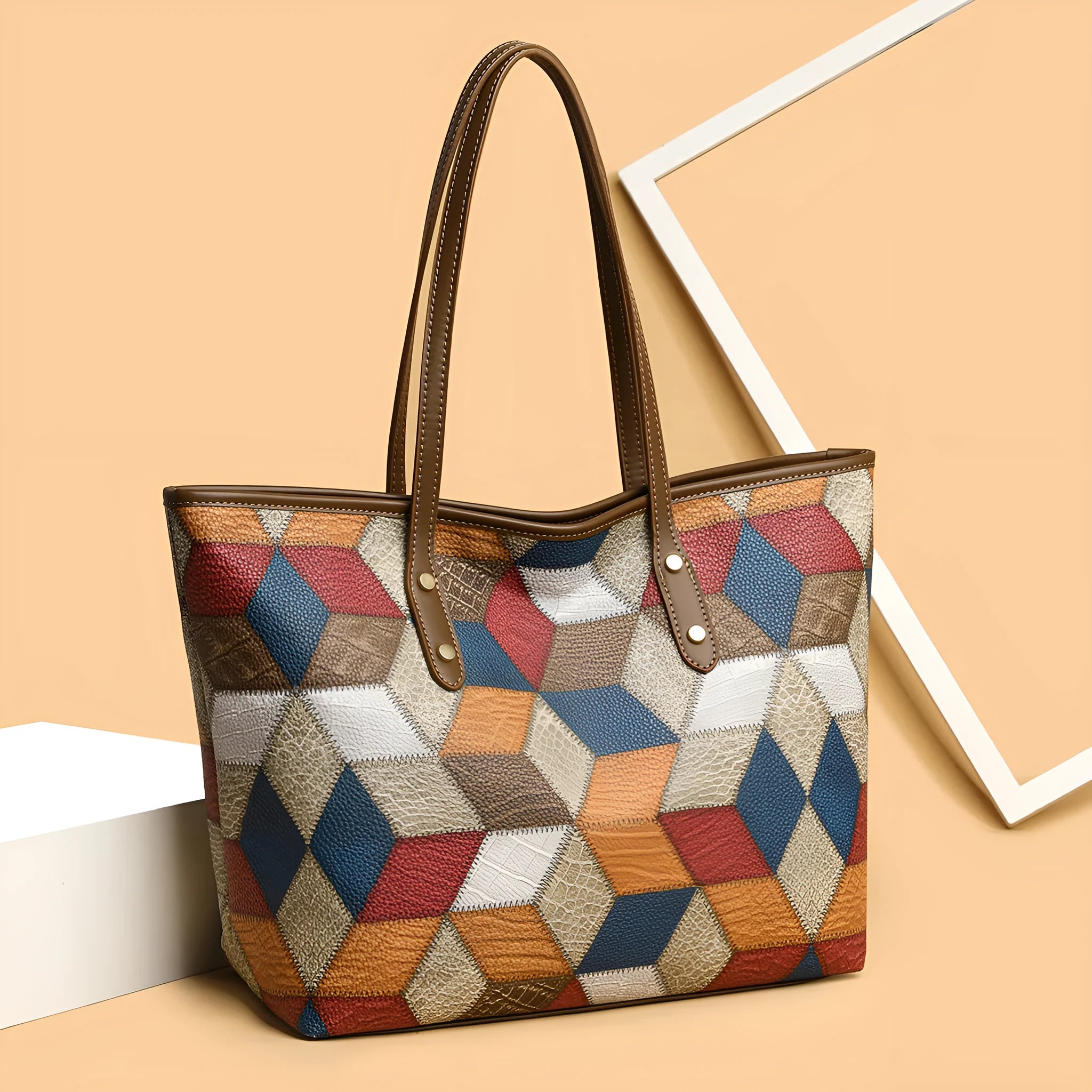 Women's fashion large capacity PVC shoulder handbag in blue brown for business commute and leisure travel