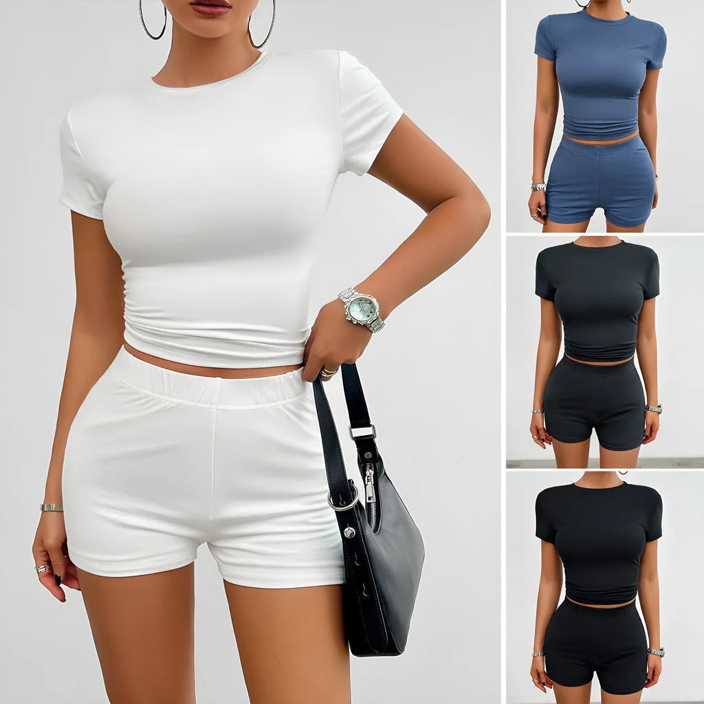 Women's solid colour two-piece sports suit with short-sleeved t-shirt and elastic shorts