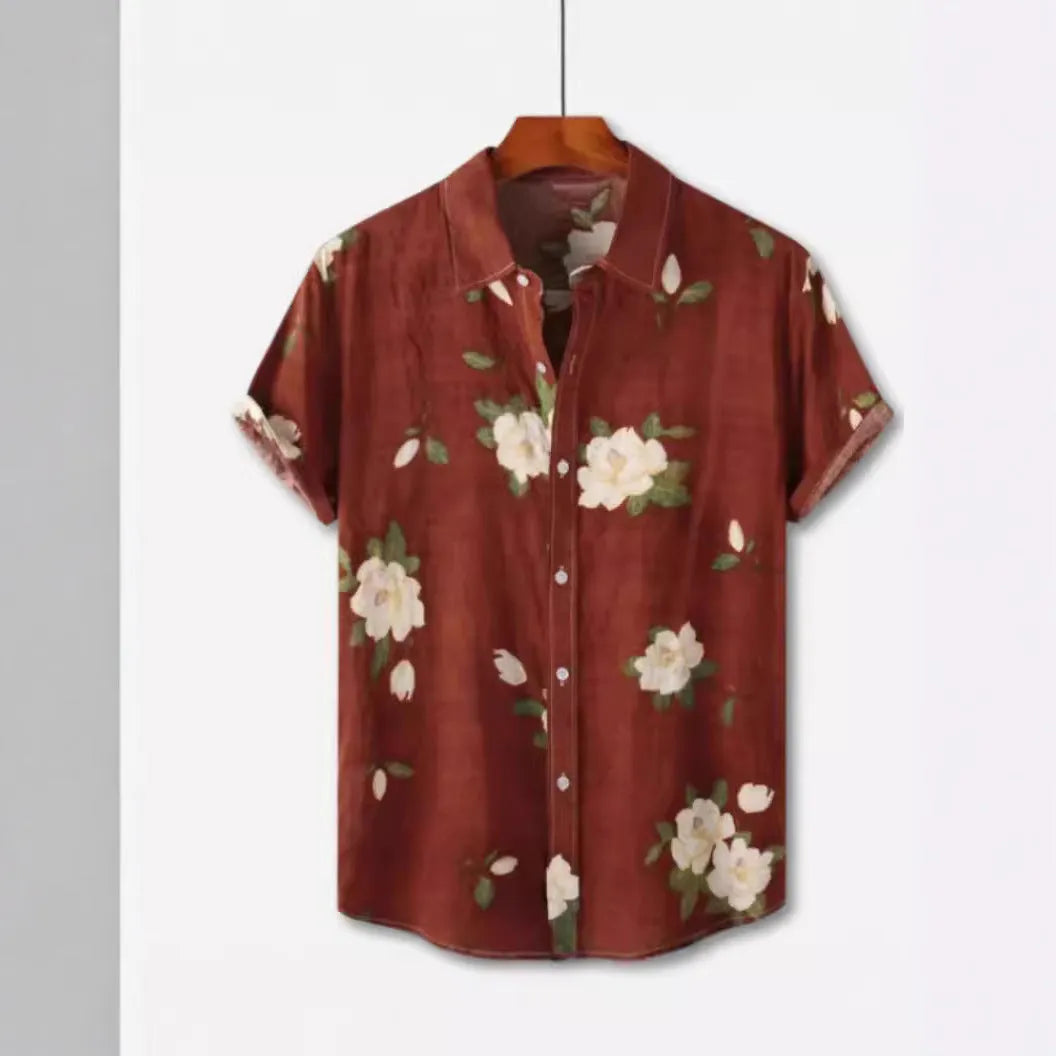 Hawaiian floral print short sleeve shirt with lapel collar in four-sided elastic polyester fabric