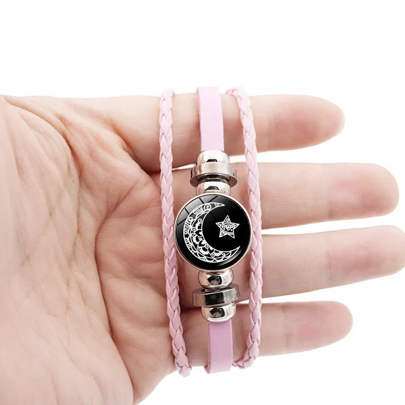 Luminous sun and moon couple leather bracelet unisex alloy electroplated with geometric glass pattern