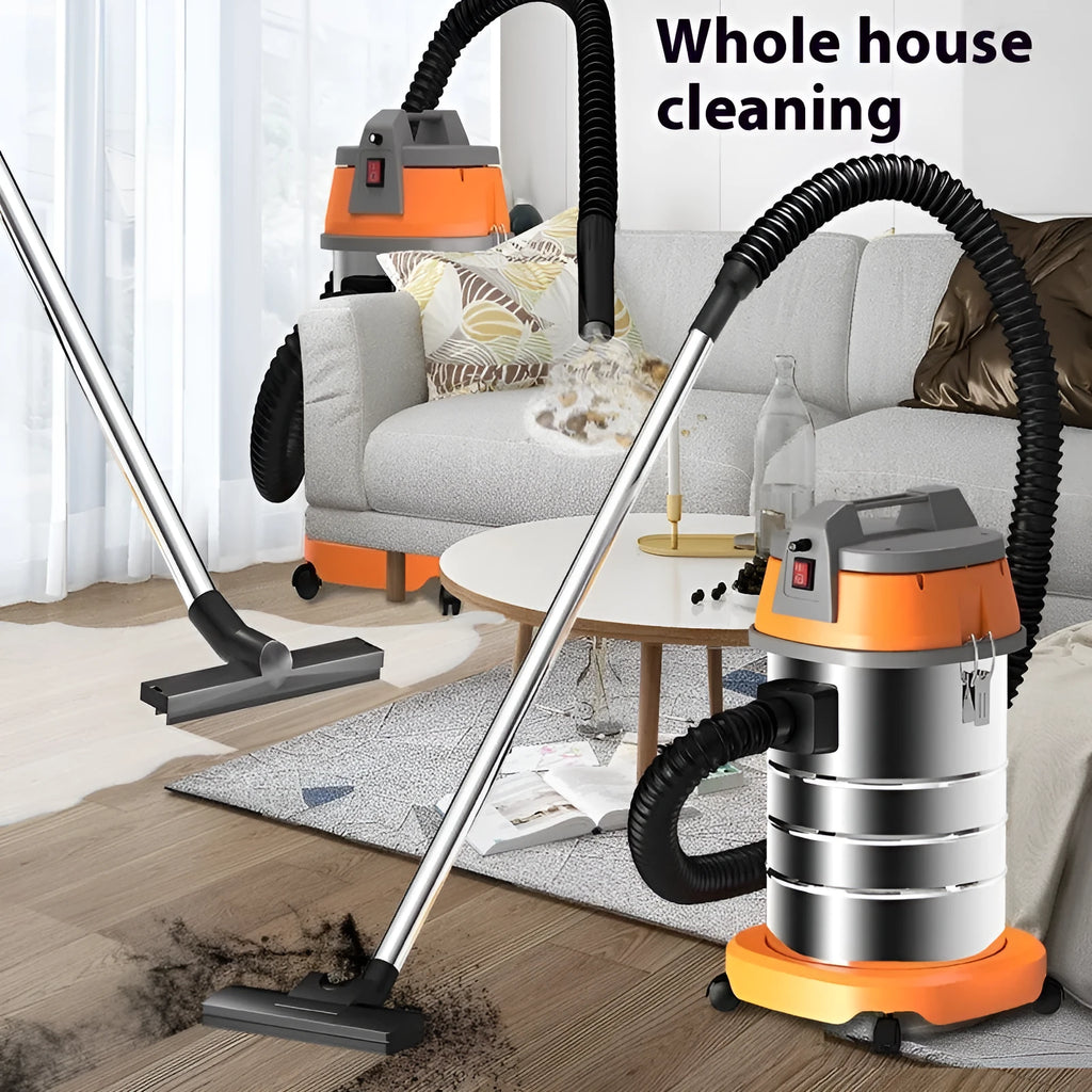 High-power 25L wet dry vacuum cleaner with 1200W motor, 4 suction heads, and mechanical controls on a floor.