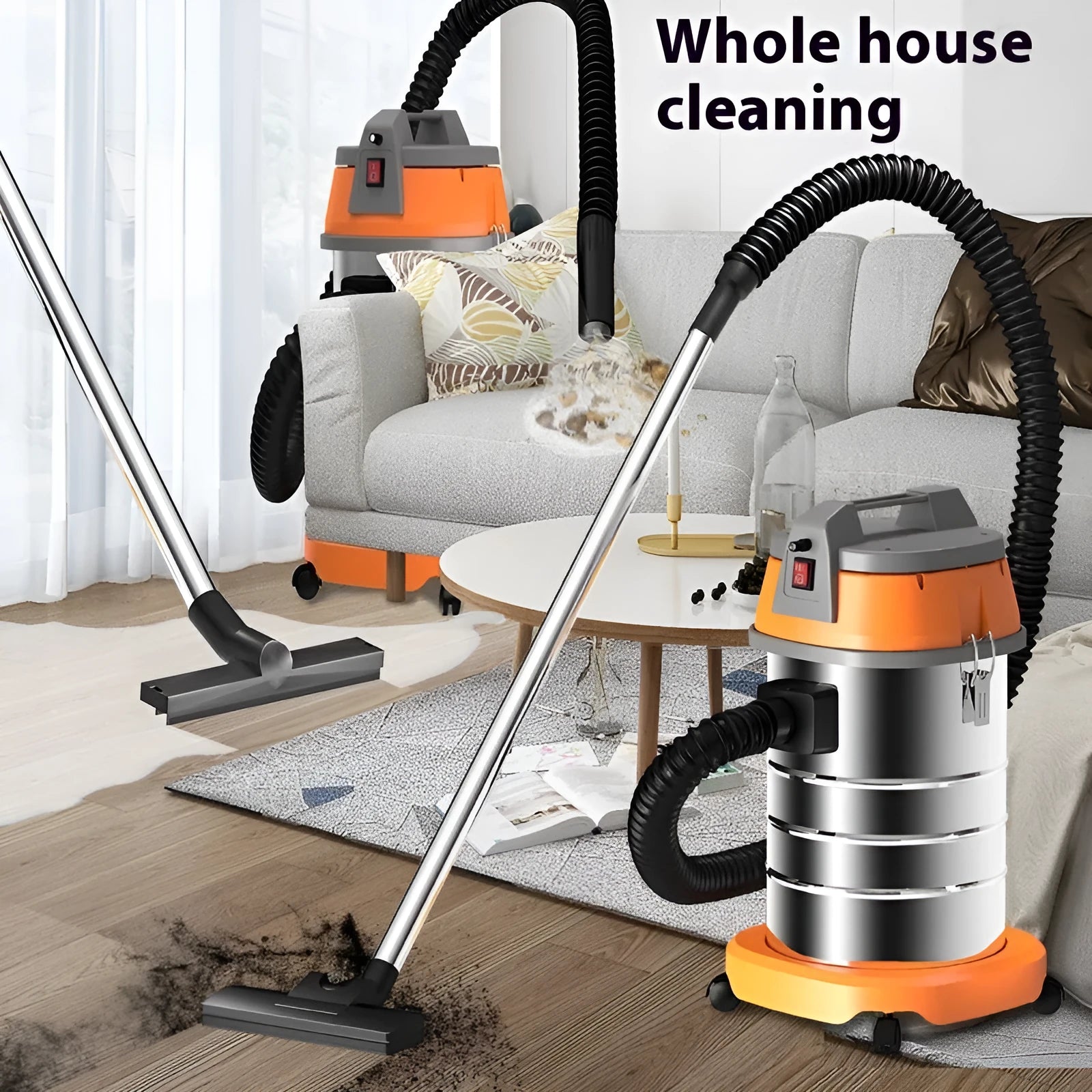 High-power 25L wet dry vacuum cleaner with 1200W motor, 4 suction heads, and mechanical controls on a floor.