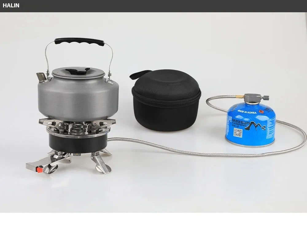 Silver portable split camping stove made of stainless steel and copper, shown in folded position.