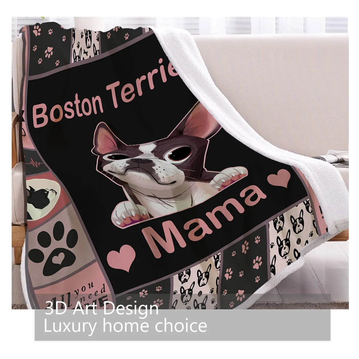 Pink dog themed lamb wool Sherpa fleece blanket on a sofa, soft and warm