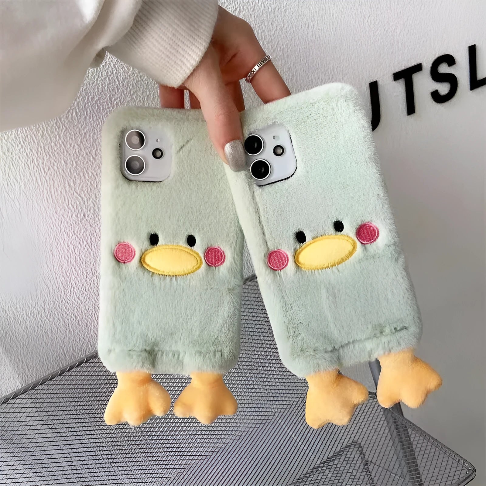 Plush TPU duck phone case for Apple iPhone 15 Pro in satchel duck design with Japanese and Korean style back cover