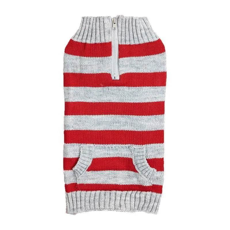 Grey dog sweater with blue collar, horizontal zipper, and a buttoned chest pocket on a small dog.