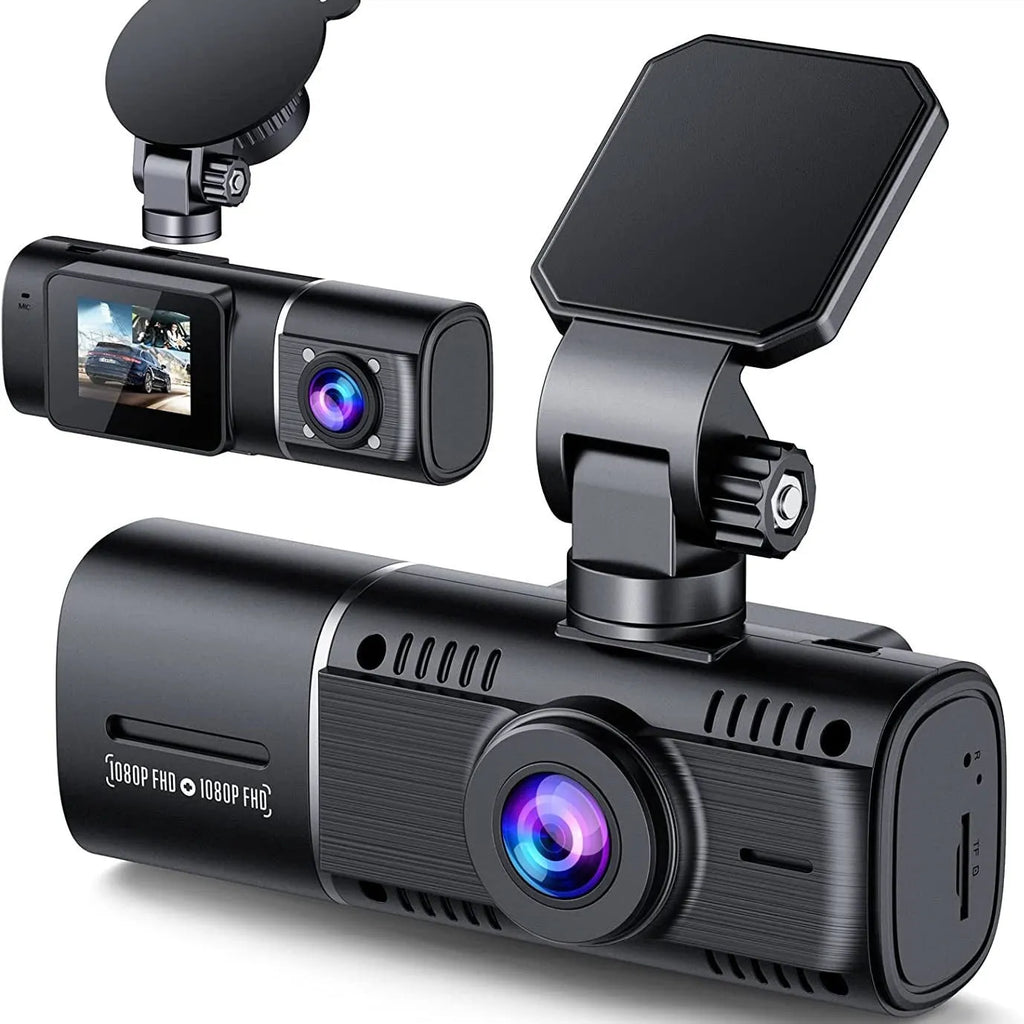 Standard black dual dash cam unit with 1.5-inch screen, shown with car charger and mounting stand.