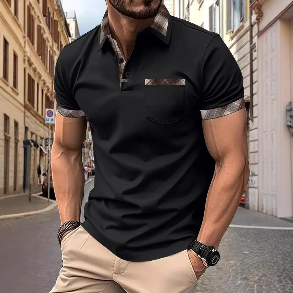 Men's plaid colourblock T-shirt with zip decorations in loose fit style