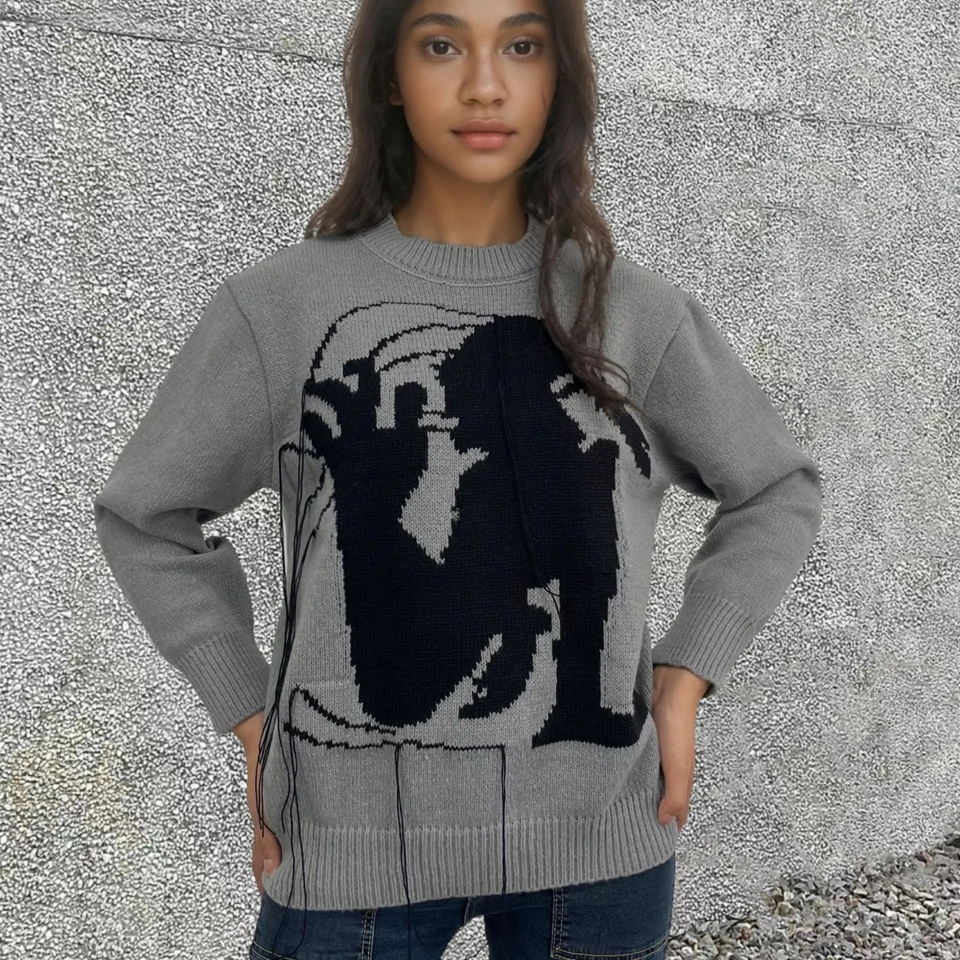 Women's loose round neck tassel design sweater in gray alpaca wool blend pullover, front view