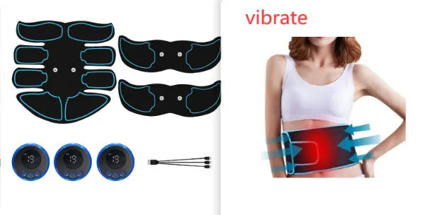 Abdominal muscle patch set with digital display in blue, red, and yellow edge options on a white background.