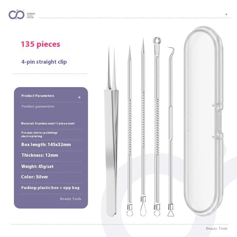 Four silver metal acne needles with fine pointed tips laid out on a surface.