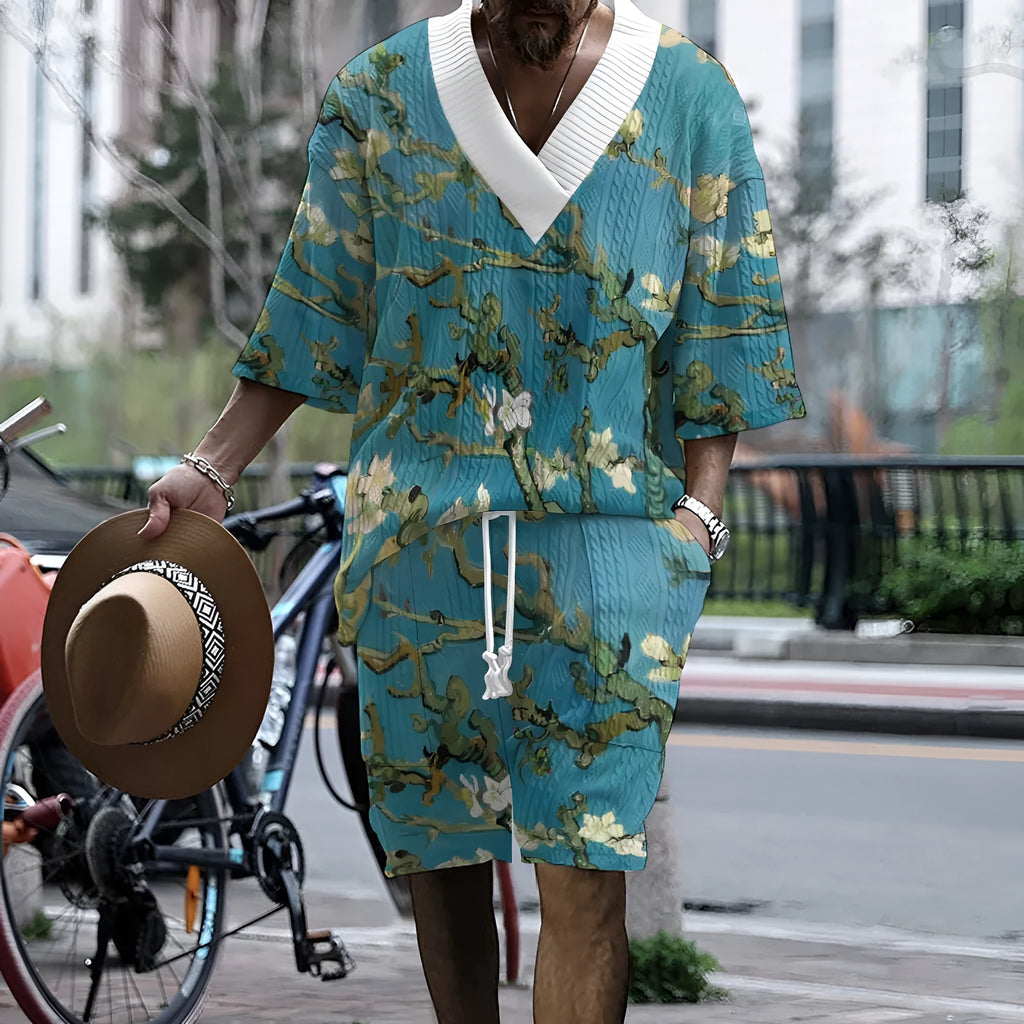 Men's peacock blue knitted shorts casual suit with T-shirt jacket and matching shorts