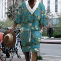 Men's peacock blue knitted shorts casual suit with T-shirt jacket and matching shorts