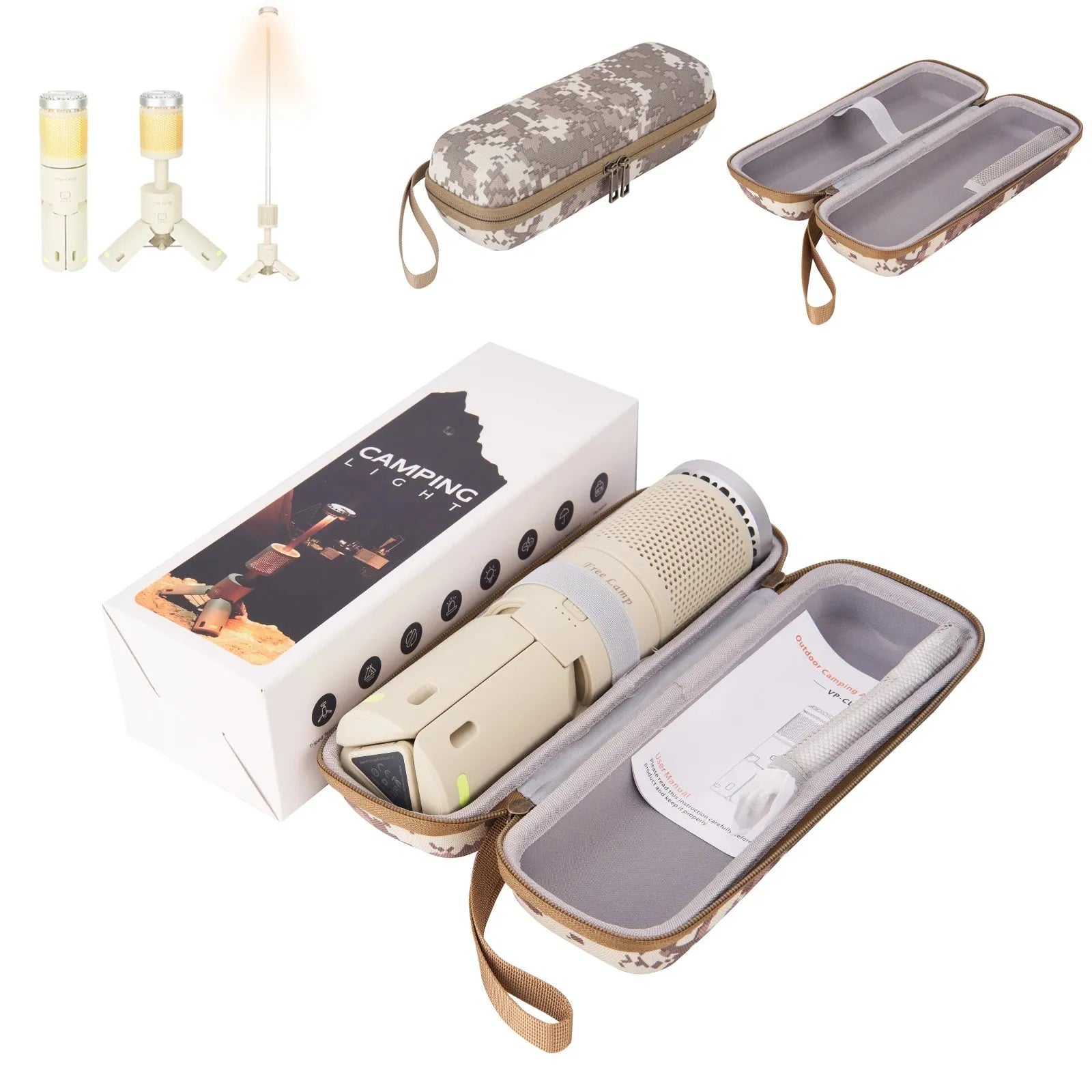 Portable LED camping lantern in off white or dark grey colour with battery power and button switch