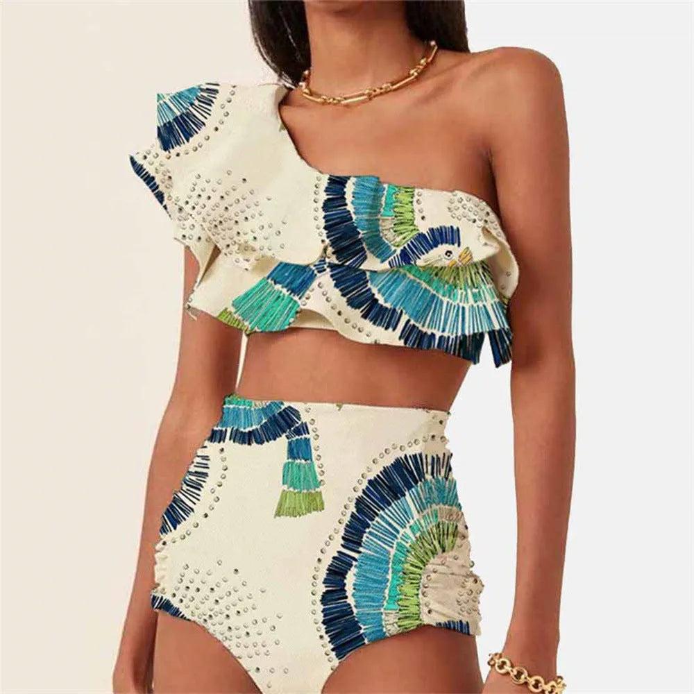 White women's one-shoulder swimsuit with lotus leaf design and high leg split