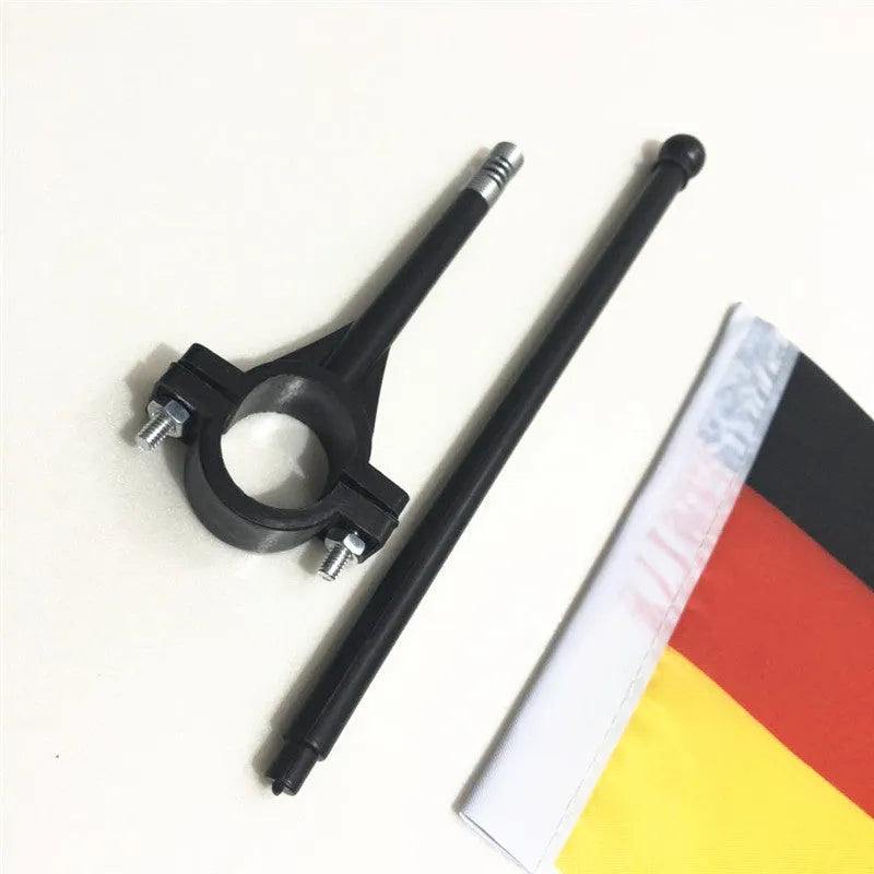 Square polyester cycling flag on a plastic handlebar pole for promotional use.