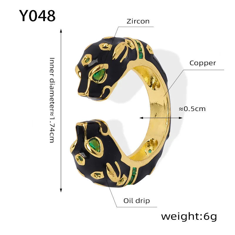Women's black cheetah open ring in geometric shape with no.7 size electroplated copper construction