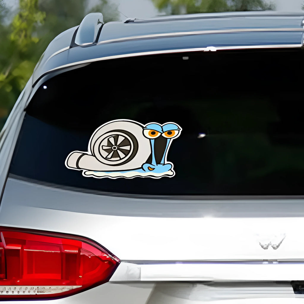 White reflective car bumper sticker with cartoon design measuring 12cm by 8cm