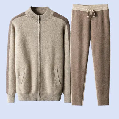 Men's navy blue cashmere wool blend winter sports cardigan suit with zipper front and matching trousers