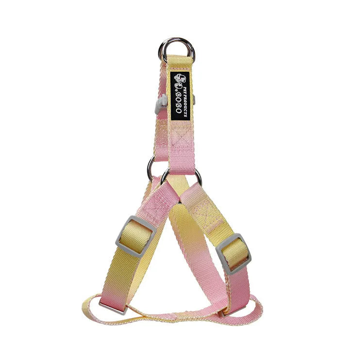 Gradient colour nylon dog leash shown in pink and yellow, configured as a chest strap harness.