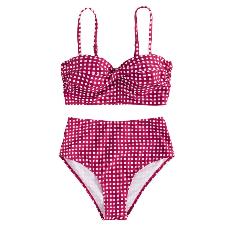 Women's high-waisted plaid bikini swimsuit set with split detail in multiple colour options