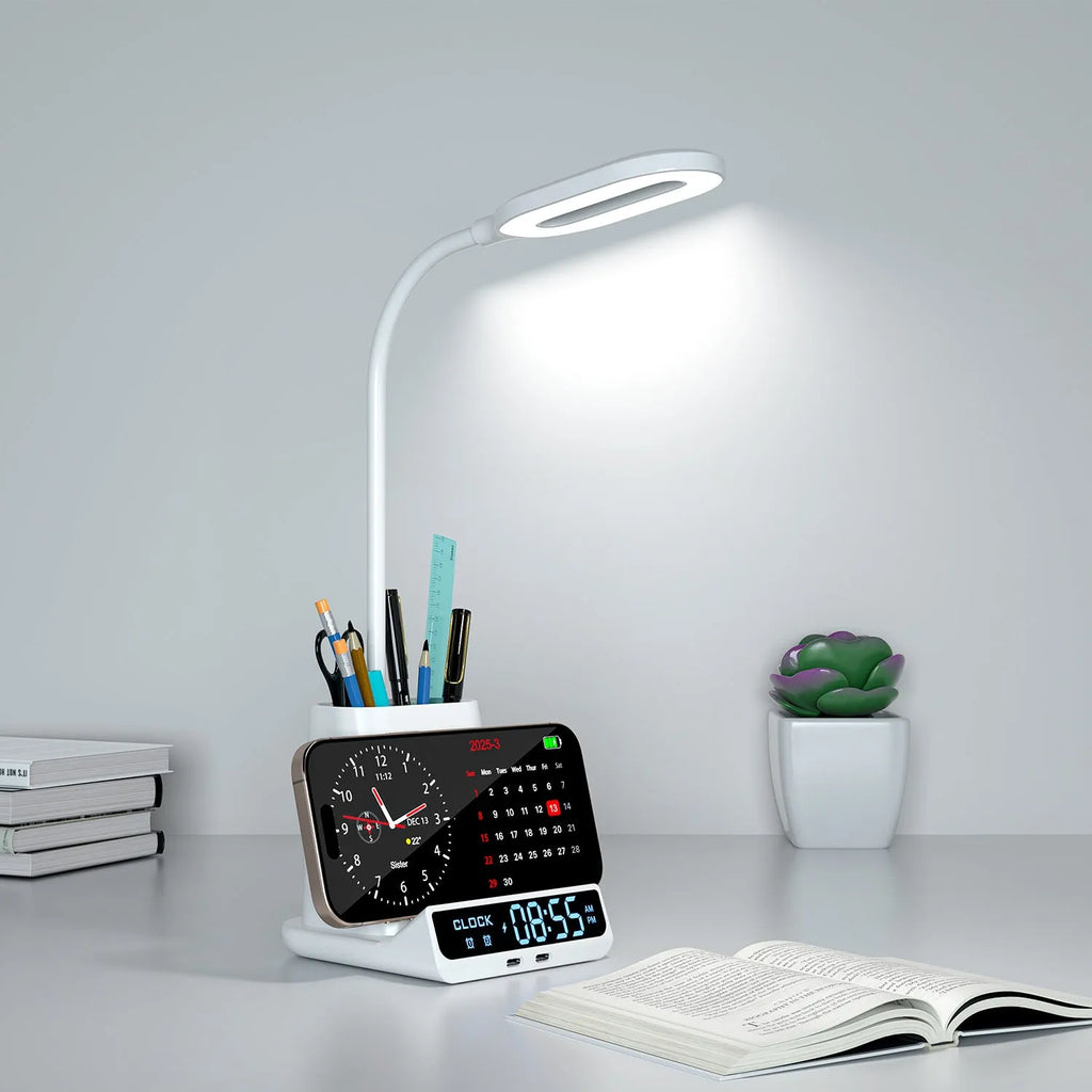 Modern wireless charging desk lamp with pen holder and storage box compartment