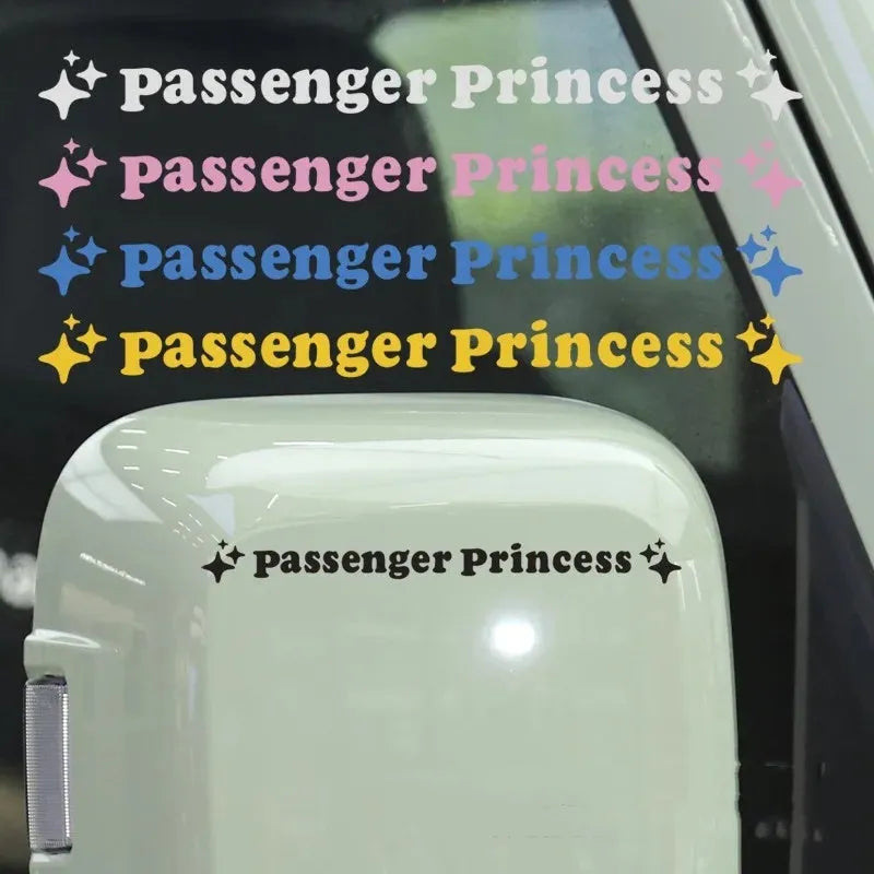 Passenger Princess rearview mirror decorative sticker in reflective white, measuring 12.5cm, on a car mirror