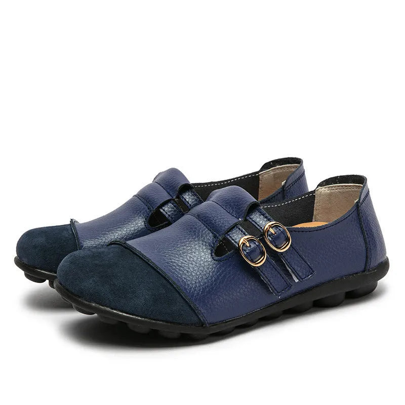 Button plus size casual all-match low top velcro peas flat shoes in cow split leather, round toe, black colour