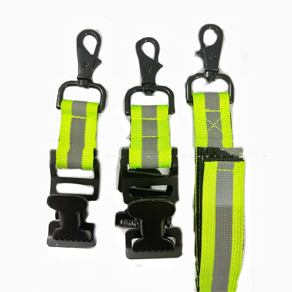 Fluorescent green reflective safety clip with a metal buckle for holding work gloves.